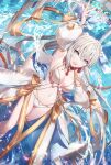  1girl arm_up bare_shoulders bikini blue_eyes braid breasts cleavage detached_sleeves fate/grand_order fate_(series) flower french_braid gabiran gold_trim hair_flower hair_ornament hair_ribbon highres large_breasts long_hair long_skirt long_sleeves looking_at_viewer morgan_le_fay_(fate) morgan_le_fay_(water_princess)_(fate) open_mouth ponytail puffy_long_sleeves puffy_sleeves ribbon sidelocks skirt solo swimsuit thighlet thighs twin_braids very_long_hair water white_bikini white_hair white_skirt 