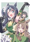  3girls :d ;d animal_ears armpits ascot black_gloves black_hair braid brown_ascot brown_eyes brown_hair cropped_jacket ear_ornament elbow_gloves french_braid frilled_sleeves frills gloves green_eyes green_hair green_jacket green_sweater hair_between_eyes half_updo honkawa_works horse_ears horse_girl jacket long_hair long_sleeves looking_at_viewer maid_headdress multicolored_hair multiple_girls necktie one_eye_closed ribbed_sweater satono&#039;s_trainer satono_crown_(umamusume) satono_diamond_(umamusume) side_ponytail sleeveless sleeveless_sweater sleeves_past_fingers sleeves_past_wrists smile streaked_hair sweater trainer_(umamusume) umamusume v white_hair yellow_necktie 