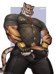 amon-sydonai anthro biceps bodily_fluids clothed clothing epic_games fortnite genital_fluids genitals hi_res male muscular muscular_anthro muscular_male oscar_(fortnite) penis precum precum_through_clothing solo stripes vein veiny_penis wet wet_clothing
