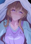  1girl absurdres blush breasts closed_mouth commentary_request facing_viewer half-closed_eyes highres konoe_kanata light_brown_hair long_hair long_sleeves love_live! love_live!_nijigasaki_high_school_idol_club medium_breasts nose_blush oshiruko_kizoku pajamas purple_eyes smile solo 