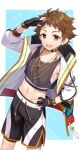  1boy arm_up bishounen black_gloves black_shorts black_tank_top brown_hair crop_top ensemble_stars! fingerless_gloves gloves highres iroiro_0w0 jacket jewelry long_sleeves male_focus midriff navel necklace open_mouth orange_eyes short_hair shorts smile solo stomach tank_top teeth tenma_mitsuru tongue white_jacket 