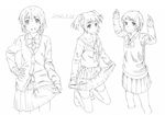  arms_up cardigan copyright_request dated greyscale hand_on_hip highres iyakun monochrome multiple_girls school_uniform serafuku simple_background sketch skirt smile white_background 