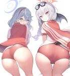  2girls absurdres ako_(blue_archive) ako_(track)_(blue_archive) ass bat_wings blue_archive blue_eyes blue_hair breasts buruma from_behind glasses grey_hair gym_uniform hair_between_eyes halo haruna_(blue_archive) haruna_(track)_(blue_archive) highres jacket large_breasts long_hair long_sleeves looking_at_viewer multiple_girls official_alternate_costume open_clothes open_jacket red_buruma red_eyes red_jacket shirt short_sleeves sidelocks simple_background smile sorozukin sweat t-shirt track_jacket white_background wings 