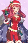  1girl blue_cape bodysuit brown_gloves candy candy_cane cape christmas facial_mark fire_emblem fire_emblem_engage fire_emblem_heroes food gloves hair_ornament hat highres holding holding_sack holly_hair_ornament ice_pick multicolored_cape multicolored_clothes official_alternate_costume open_mouth red_bodysuit red_cape red_eyes red_hair sack santa_hat shira_yu_ki star_(symbol) star_facial_mark star_hair_ornament star_print two-tone_cape yunaka_(fire_emblem) yunaka_(fire_emblem)_(spirited_envoy) 