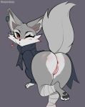&lt;3 2023 anthro anus artist_name butt canid canine clothed clothing corsac_fox dreamworks ear_piercing eyelashes female fox fur genitals grey_body grey_fur hi_res kung_fu_panda leg_wraps looking_at_viewer looking_back looking_back_at_viewer mammal one_eye_closed pawpads piercing pussy simple_background solo tail vesperinox wink winking_at_viewer wraps zhen_(kung_fu_panda)