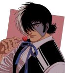  1boy black_jack_(character) black_jack_(series) black_shirt black_vest blue_ribbon candy fingernails food hair_over_one_eye highres holding holding_candy holding_food holding_lollipop lollipop looking_at_viewer male_focus multicolored_hair oldkin ribbon shirt short_hair solo split-color_hair stitched_face stitches tongue tongue_out vest white_shirt 