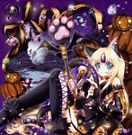  alternate_costume animal_ears blonde_hair blue_eyes breasts cat_ears cat_tail cleavage detached_sleeves dress eyeball garter_straps halloween jack-o'-lantern lace lace-trimmed_thighhighs long_hair medium_breasts pumpkin riesz seiken_densetsu seiken_densetsu_3 shindou_hayato staff tail thighhighs 