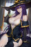  1girl belt black_jacket black_skirt bracelet breasts brown_eyes cleavage elbow_gloves gloves goblin_slayer! gold_trim hat highres holding holding_smoking_pipe jacket jewelry large_breasts long_hair looking_at_viewer neoartcore off-shoulder_jacket off_shoulder pelvic_curtain purple_hair side_slit skirt smile smoking_pipe solo thighhighs very_long_hair white_thighhighs witch_(goblin_slayer!) witch_hat 