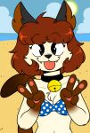 2017 4_fingers anthro beach bell bell_collar bikini biped black_collar black_ears black_eyebrows black_eyelashes black_eyes black_markings black_nose blue_bikini blue_clothing blue_sky blue_swimwear breasts brown_hair brown_inner_ear brown_markings brown_tail cheek_tuft chest_tuft cleavage clothed clothing cloud collar colored cute_fangs day detailed_background digital_drawing_(artwork) digital_media_(artwork) dipstick_tail domestic_cat double_v_sign eyebrow_through_hair eyebrows facial_tuft felid feline felis female female_anthro fingers front_view fur fur_tuft gesture glistening glistening_eyes glistening_hair gloves_(marking) hair half-length_portrait jingle_bell kabula_(artist) looking_at_viewer mammal markings navel outside pattern_bikini pattern_clothing pattern_swimwear pawpads pink_pawpads pink_tongue portrait prick_ears priscilla_(kabula) sand sea seaside shoulder_tuft simple_background sky solo spots spotted_bikini spotted_clothing spotted_swimwear summer sun swimwear tail tail_markings tan_body tan_fur tan_tuft tongue tongue_out topwear translucent translucent_hair tuft v_sign water