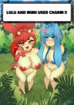 &lt;3 absurd_res areola big_breasts biped blue_hair blush breasts duo female fupa generation_3_pokemon hair hi_res minun navel nikowhith nintendo nipples nude open_mouth plusle pokemon pokemon_(species) red_hair smile text