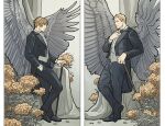  2boys adjusting_clothes alternate_costume black_footwear black_necktie black_pants black_suit blonde_hair bow bowtie brown_hair cane collared_shirt commentary crimson_sun crossed_ankles curtains english_commentary expressionless facing_another feathered_wings final_fantasy final_fantasy_viii flower flower_request formal full_body grey_wings hair_slicked_back hand_in_pocket hand_on_own_chest hand_up holding holding_cane indoors jacket knee_up leaning_back light_smile looking_to_the_side male_focus multiple_boys necktie orange_flower pants petals scar scar_on_face seifer_almasy shirt short_hair squall_leonhart standing suit suit_jacket tailcoat white_bow white_bowtie white_shirt wings 