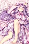  90i arm_up barefoot blush bottle bow breasts coat covered_nipples crescent dress drunk hair_ribbon hat large_breasts leg_up long_hair long_sleeves looking_at_viewer lying on_back open_clothes open_coat open_mouth patchouli_knowledge petals purple_dress purple_eyes purple_hair ribbon sake_bottle solo spilling striped striped_dress touhou 
