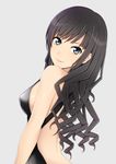  amagami backless_outfit black_hair blue_eyes curly_hair kishida-shiki light_smile lips long_hair morishima_haruka simple_background solo upper_body 