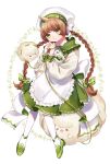  1girl :o absurdres apron bow braid brown_hair green_eyes green_footwear hair_bow hair_ornament hairclip highres holding holding_leash horns leash long_sleeves looking_at_viewer original own_hands_together ribbon_trim sheep single_horn solo tsubaki_tsubaru twin_braids white_headwear 