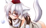  animal_ears bespectacled blush bottomless commentary_request gizensha glasses hat highres inubashiri_momiji red_eyes solo tail tokin_hat touhou wallpaper white_background white_hair wolf_ears wolf_tail 