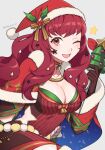  1girl blue_cape bodysuit breasts brown_gloves candy candy_cane cape christmas facial_mark fire_emblem fire_emblem_engage fire_emblem_heroes food gloves hair_ornament hat highres holding holding_sack holly_hair_ornament ice_pick large_breasts looking_at_viewer mistletoe_hair_ornament multicolored_cape multicolored_clothes official_alternate_costume one_eye_closed peach11_01 red_bodysuit red_cape red_eyes red_hair sack santa_hat star_(symbol) star_facial_mark star_hair_ornament star_print two-tone_cape yunaka_(fire_emblem) yunaka_(fire_emblem)_(spirited_envoy) 