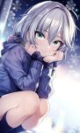  1girl absurdres anastasia_(idolmaster) blue_eyes blue_jacket blush fur-trimmed_jacket fur_trim grey_hair head_rest highres idolmaster idolmaster_cinderella_girls jacket looking_at_viewer popon_ta short_hair smile snowflakes snowing solo squatting thighs 