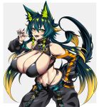  1girl absurdres amagami_shinia animal_ears aqua_hair aqua_nails arms_up badge baggy_pants bikini bikini_under_clothes blush braid breastless_clothes breasts button_badge commission commissioner_insert contrapposto detached_sleeves fang fangs green_eyes green_hair hand_up highres huge_breasts hz_(666v) indie_virtual_youtuber large_breasts micro_bikini multicolored_hair navel open_fly open_mouth orange_hair pants side-tie_bikini_bottom simple_background skeb_commission solo swimsuit tail twin_braids unbuttoned virtual_youtuber white_background wolf_ears wolf_girl wolf_tail 