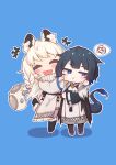  +++ 2girls :t ^_^ absurdres ahoge animal_ears arknights black_footwear black_hair blue_background blue_hair boots braid cheek_pinching chibi closed_eyes colored_tips crossed_arms dress fur-tipped_tail fur-trimmed_boots fur_trim grey_hair happy highres kjera_(arknights) leopard_ears leopard_girl leopard_tail multicolored_hair multiple_girls open_mouth pinching pout pramanix_(arknights) shadow simple_background spoken_squiggle squiggle standing standing_on_one_leg tail tankcay white_dress white_hair 