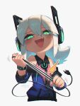  1girl :d aqua_eyes aqua_nails blush cable cable_tail digitan_(porforever) electric_plug_tail fang hair_between_eyes headphones highres lightning_bolt_symbol long_hair looking_at_viewer mechanical_tail open_mouth original porforever power_symbol smile solo star-shaped_pupils star_(symbol) symbol-shaped_pupils tail watch white_hair wristwatch 