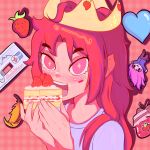  absurdres badeline blue_shirt cake cake_slice cassette_tape celeste_(video_game) crown eating feathers food fruit heart highres jam jellyfrog2812 madeline_(celeste) red_eyes red_hair shirt sparkling_eyes strawberry transgender_flag 