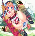  1girl :p aoashira_(armor) armor artist_request arzuros_(armor) blue_eyes blush breasts capcom cum cum_on_body cum_on_breasts cum_on_upper_body kizuki_erika monster_hunter monster_hunter_portable_3rd orange_hair panties pussy smile solo tongue tongue_out underwear 