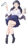  1girl black_socks blue_hair blue_skirt boku_no_kokoro_no_yabai_yatsu brown_eyes cardigan dark_blue_hair full_body highres holding holding_clothes holding_footwear legs long_hair looking_at_viewer mizuhara_tatsuya mole mole_on_neck multiple_moles open_cardigan open_clothes open_mouth pleated_skirt purple_cardigan shirt simple_background skirt socks solo thighs white_background white_shirt yamada_anna 