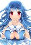  badge blue blue_hair blush bow breasts kotoji large_breasts long_hair looking_at_viewer original red_eyes smile solo upper_body 