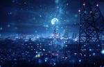  1girl blue building city city_lights cityscape cloud commentary_request fantasy from_side full_moon highres kenzo_093 light_particles long_hair moon night night_sky original outdoors radio_tower scenery sky skyscraper solo standing star_(sky) starry_sky tower very_wide_shot 