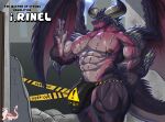 5_fingers abs anthro areola biceps biped bulge countershade_face countershade_tail countershade_torso countershading dragon english_text fingers hi_res horn male masterelrest membrane_(anatomy) membranous_wings muscular muscular_anthro muscular_male nipple_piercing nipples pecs piercing scalie solo tail text wings