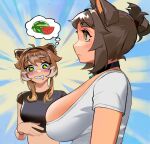  +_+ absurdres animal_ears black_choker blueisalanguage borrowed_character breasts brown_hair bursting_breasts choker commentary crop_top crossover dog_ears drooling english_commentary food fruit girl_staring_at_guys_chest_(meme) highres huge_breasts long_hair medium_breasts meme original pendant_choker raccoon_ears raccoon_girl raccoon_girl_(blueisalanguage) short_hair short_ponytail sideboob skindentation thought_bubble vicky_wang_(haru_feng) watermelon yuri 