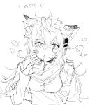  1girl animal_ears arknights blush character_name greyscale hair_ornament hairclip highres holding juice_box lappland_(arknights) long_sleeves looking_to_the_side messy_hair monochrome sato_(lappysuki) scar scar_across_eye simple_background sketch solo upper_body white_background 