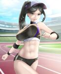  1girl abs baseball_cap black_buruma black_eyes black_hair black_tank_top black_wristband blue_choker bouncing_breasts breasts buruma character_name choker clenched_hands clothes_writing commentary crop_top curly_hair day elbow_sleeve english_commentary hat heavy_breathing high_ponytail kuroko_(29243086) large_breasts long_hair navel open_mouth outdoors overlord_(maruyama) ponytail running running_track slit_pupils solo sports_bra stomach sweat tank_top teeth track_and_field track_uniform upper_teeth_only wet wet_clothes yuri_alpha 