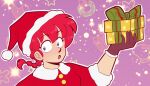  1girl ask-ranma-and-ryoga blue_eyes bow braid braided_ponytail breasts christmas gloves green_bow hair_between_eyes hat highres makeup open_mouth pink_background ranma-chan ranma_1/2 red_hair santa_hat solo upper_body 