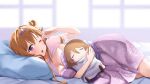  1girl absurdres blush breasts cleavage dress highres holding holding_stuffed_toy konoe_kanata large_breasts long_hair looking_at_viewer love_live! love_live!_nijigasaki_high_school_idol_club lowlight1010 lying on_bed on_side one_eye_closed orange_hair pillow purple_eyes sleepy solo stuffed_toy tiara wavy_hair 