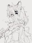  1girl animal_ears arknights blush from_side greyscale hair_ornament hairclip high_collar highres lappland_(arknights) messy_hair monochrome parted_lips sato_(lappysuki) scar scar_across_eye simple_background sketch solo upper_body white_background 