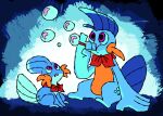 belly blowing blowing_bubbles blue_body bubble feral fin generation_3_pokemon hi_res looking_up male marshtomp moonpaw17 mudkip nintendo orange_belly pokemon pokemon_(species) purple_eyes ribbons scarf