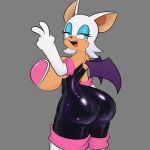 anthro bat big_breasts biped breasts butt clothed clothing eyelashes female grey_background hi_res legwear looking_back mammal mishythesheep open_mouth rouge_the_bat sega simple_background smile solo sonic_the_hedgehog_(series) thigh_highs