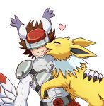  1boy abs animal_ears artist_name belt bird_legs black_belt blush bodysuit brown_hair cat_ears chest_guard claws closed_eyes closed_mouth commentary covered_collarbone covered_eyes crossover digimon digimon_(creature) fangs feathered_wings head-mounted_display heart highres isso_(thatsquirrelly) jolteon licking licking_another&#039;s_face male_focus medium_hair neck_fur open_mouth oversized_limbs pokemon pokemon_(creature) shoulder_pads silphymon simple_background standing white_background white_bodysuit winged_arms wings yellow_fur 