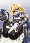  1girl adele_balfetto black_legwear blonde_hair blue_eyes bodysuit boots female fingerless_gloves flat_chest glasses gloves highres kyoukai_senjou_no_horizon kyoukaisenjou_no_horizon mokei solo tears 