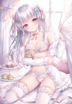  1girl :o bare_shoulders blue_bow blurry blurry_background blush bow bow_bra bow_panties bra breasts collarbone collared_shirt commentary_request cupcake curtain_grab curtains day depth_of_field dress_shirt food frilled_pillow frilled_shirt frilled_thighhighs frills fruit grey_hair hair_bow hand_up head_tilt heart heart_pillow highres kohinata_hoshimi long_hair looking_at_viewer macaron medium_breasts navel off_shoulder open_clothes open_shirt original panties parted_lips pillow pink_bow pink_bra pink_panties red_eyes shirt sitting solo strawberry stuffed_animal stuffed_toy sunlight teddy_bear thighhighs tiered_tray two_side_up underwear very_long_hair wariza white_shirt white_thighhighs window 