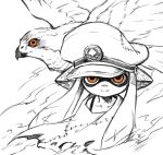  1girl agent_3_(splatoon) animal bird closed_mouth falcon hat headset inkling inkling_girl long_hair looking_at_viewer orange_eyes patchwork_clothes peaked_cap poncho simple_background solo splatoon_(series) splatoon_3 spot_color squidbeak_splatoon stitches tentacle_hair teo_(teorekka) torn_clothes white_background 