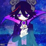  1boy bags_under_eyes birthday black_suit blue_background cape colored_skin flower funamusea funamusea_(artist) gloves highres holding holding_flower male_focus night night_sky pointy_ears purple_cape purple_eyes purple_hair purple_suit satanick_(funamusea) sky solo star_(sky) starry_background starry_sky suit white_gloves white_skin 