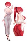  1girl absurdres ass breasts cleavage cropped_legs dan_koflove dress feather_boa grey_dress grin hair_bun hair_over_eyes highres jewelry korean_commentary large_breasts multiple_views necklace ponytail profile red_dress red_hair shermie_(kof) side_slit sideboob simple_background single_hair_bun smile teeth the_king_of_fighters the_king_of_fighters_xv v wedge_heels white_background 