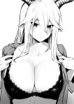 1girl absurdres animal_ears arknights blush breasts cleavage degenbrecher_(arknights) dressing goat_ears goat_girl goat_horns greyscale hair_between_eyes highres horns large_breasts monochrome open_clothes open_shirt simple_background solo upper_body white_background xiuge 