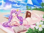  1girl ass barefoot beach bikini book breasts feet female foot_hold hat jeibii large_breasts lens_flare long_hair patchouli_knowledge purple_eyes purple_hair solo swimsuit toes touhou umbrella 