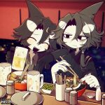  2boys alcohol artist_name beer black_eyes black_hair bowl chopsticks closed_eyes colored_skin commission cup fins food funamusea highres holding holding_chopsticks holding_cup ice_scream idate_(ice_scream) looking_at_another male_focus mogeko_(okegom) multiple_boys official_art open_mouth orca_boy scar scar_on_face sharp_teeth siblings skeb_commission takama_(funamusea) teeth white_hair white_skin 