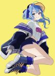  1girl baseball_cap blue_eyes blue_footwear blue_jacket blue_nails blue_ribbon blue_shorts blue_socks clothes_writing crop_top cross-laced_footwear earrings fingernails floating_hair full_body grin hair_ribbon haruwo hat highres hololive hoshimachi_suisei jacket jewelry long_fingernails long_hair long_sleeves looking_at_viewer midair midriff_peek nail_polish necklace off_shoulder open_clothes open_jacket ribbon shirt shoe_soles shoes short_shorts shorts side_ponytail simple_background sleeves_past_wrists smile sneakers socks solo star_(symbol) star_earrings star_necklace virtual_youtuber white_shirt yellow_background 