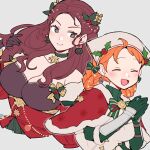  2girls annette_fantine_dominic annette_fantine_dominic_(winter) black_gloves blush braid breasts brown_hair capelet cleavage closed_eyes commentary cropped_torso do_m_kaeru dorothea_arnault dorothea_arnault_(winter) fire_emblem fire_emblem:_three_houses fire_emblem_heroes fire_emblem_warriors:_three_hopes fur-trimmed_capelet fur_trim gloves green_eyes green_gloves hair_ornament hair_rings large_breasts long_hair looking_at_viewer multiple_girls official_alternate_costume official_alternate_hairstyle orange_hair own_hands_together red_capelet santa_costume short_hair simple_background symbol-only_commentary wavy_hair white_background 