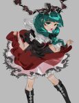  1girl bloomers chamaruk dress frilled_dress frilled_ribbon frills front_ponytail green_eyes green_hair highres kagiyama_hina looking_at_viewer puffy_short_sleeves puffy_sleeves ribbon short_sleeves smile solo touhou 